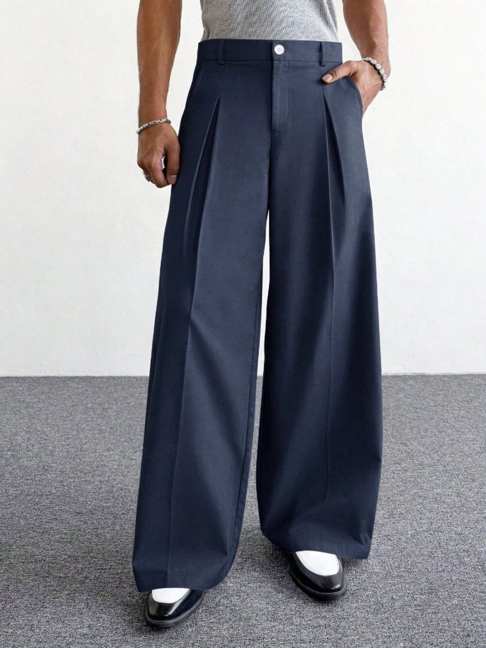 Navy Blue Casual Men's Wide Leg Pants